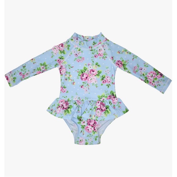 EUC Flap Happy Alissa Ruffle Rash Guard Swimsuit in Blue Country Floral 18M - Picture 10 of 10